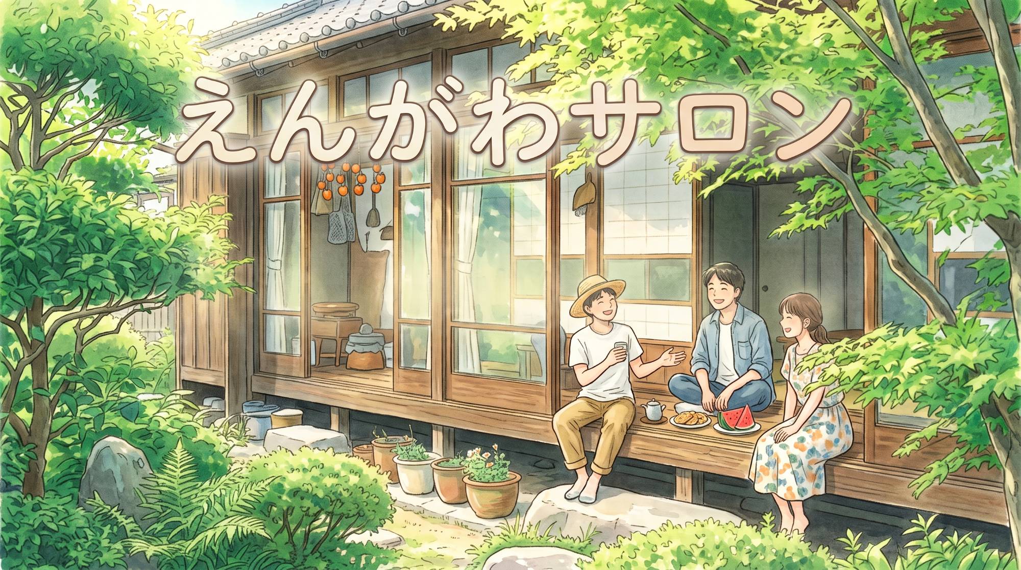 えんがわサロン。緑の庭に面した、日差しのあたる古い家の縁側で、3人が笑いながら話している絵